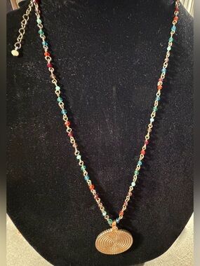 Multicolor Beaded Chain Necklace with Gold Disc Pendant